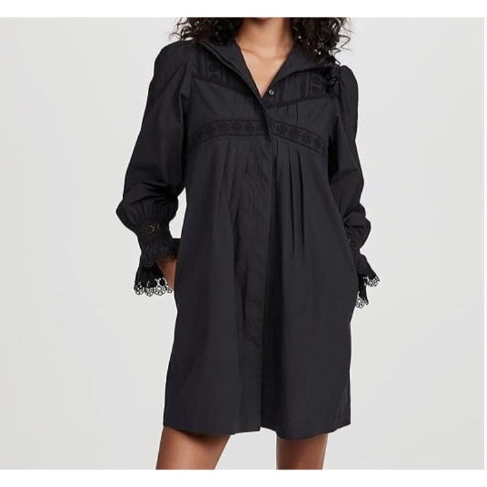 Rebecca Taylor Applique Lace Long Sleeve Poplin Dress Size 0 NWT Black‎